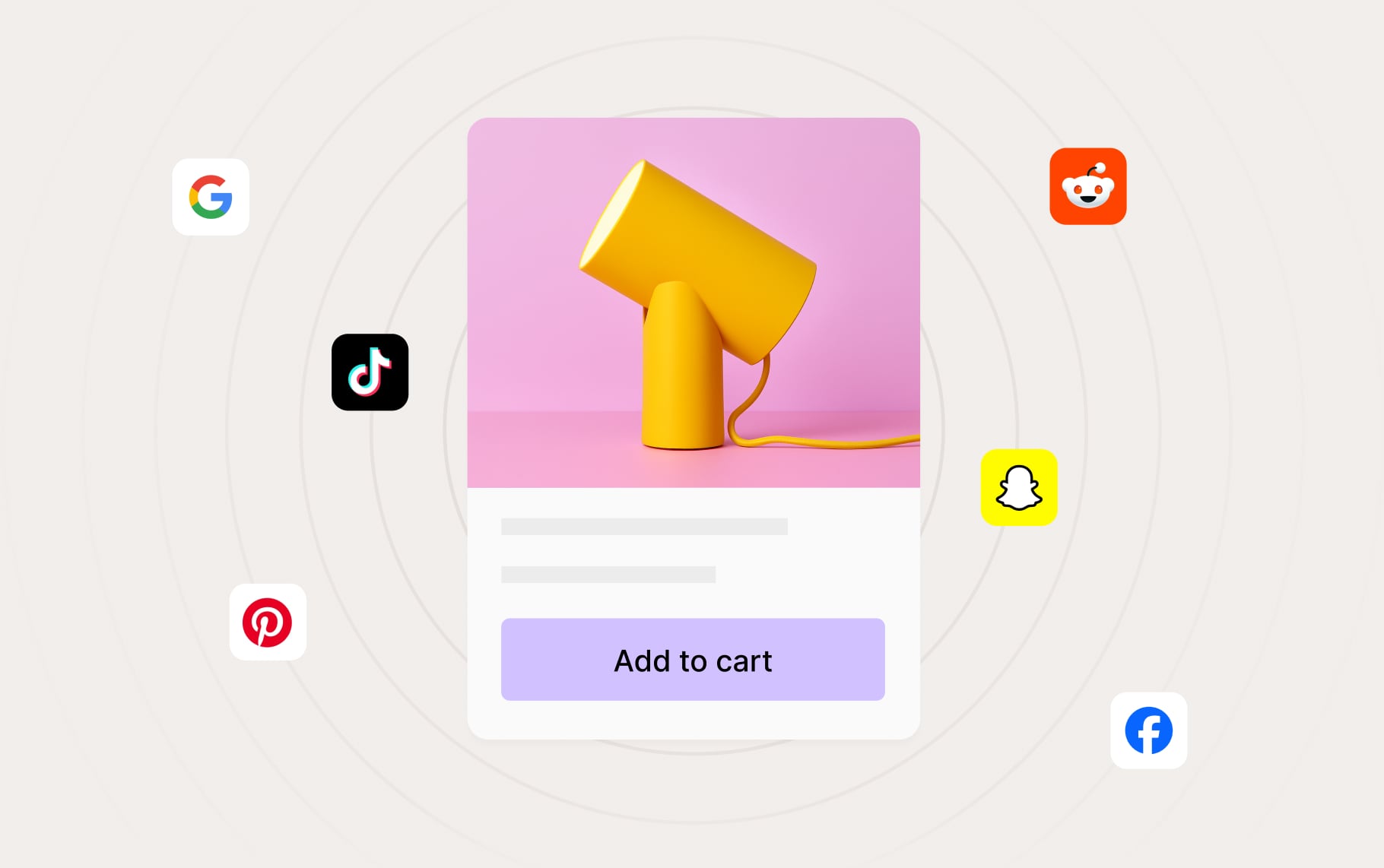 A product photo of a lamp with an "Add to cart" button, and concentric rings coming out of it with logos for Google, TikTok, Pinterest, Reddit, Snapchat, and Facebook