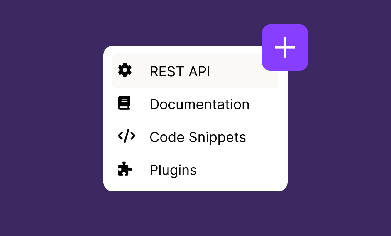 A UI menu for a scalable platform with four options: REST API, Documentation, Code Snippets, and Plugins, each with an icon. A purple square with a white plus sign sits in the top right corner. 