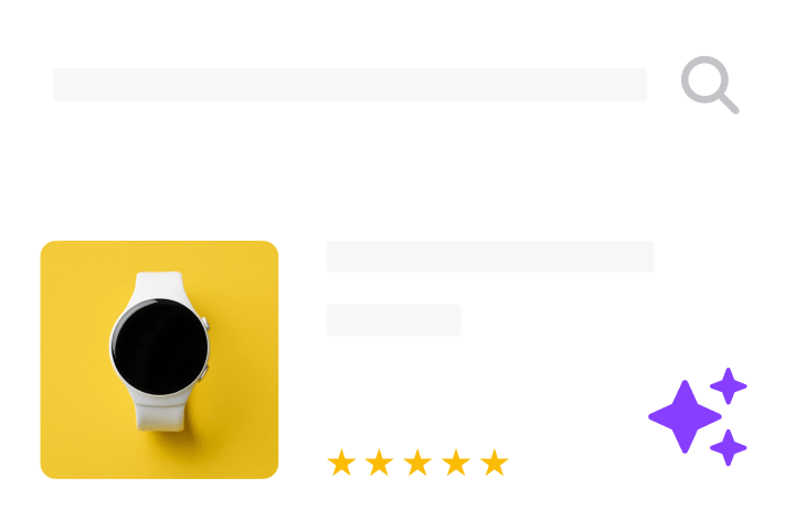 A product photo of a smartwatch with a 5-star rating and sparkle icon