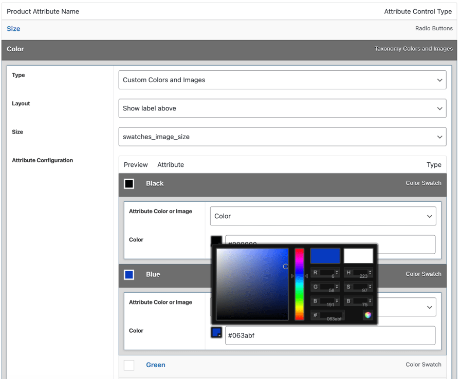 Configuration of color swatches