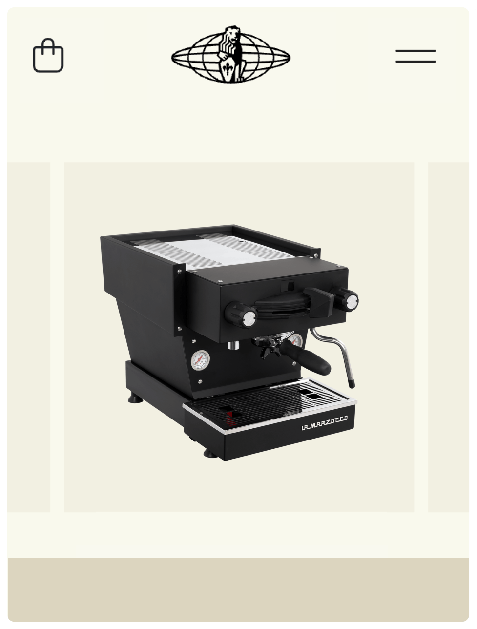 Three views of a black La Marzocco espresso machine are displayed on a beige background—left side, angled front, and front view—on an ecommerce webpage with a simple header and navigation icons. Powered by WooCommerce for seamless shopping.
