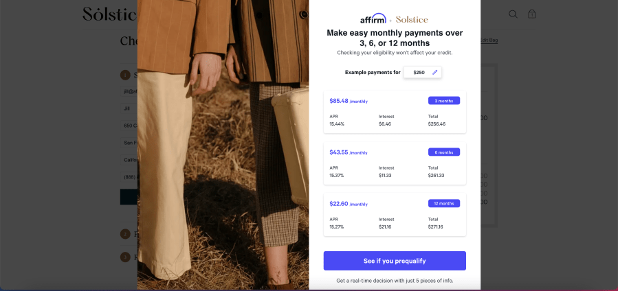 Screenshot showing Affirm payment options on a checkout page.