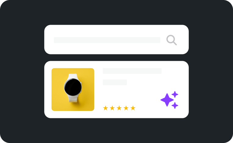 A product photo of a smartwatch with a 5-star rating and sparkle icon