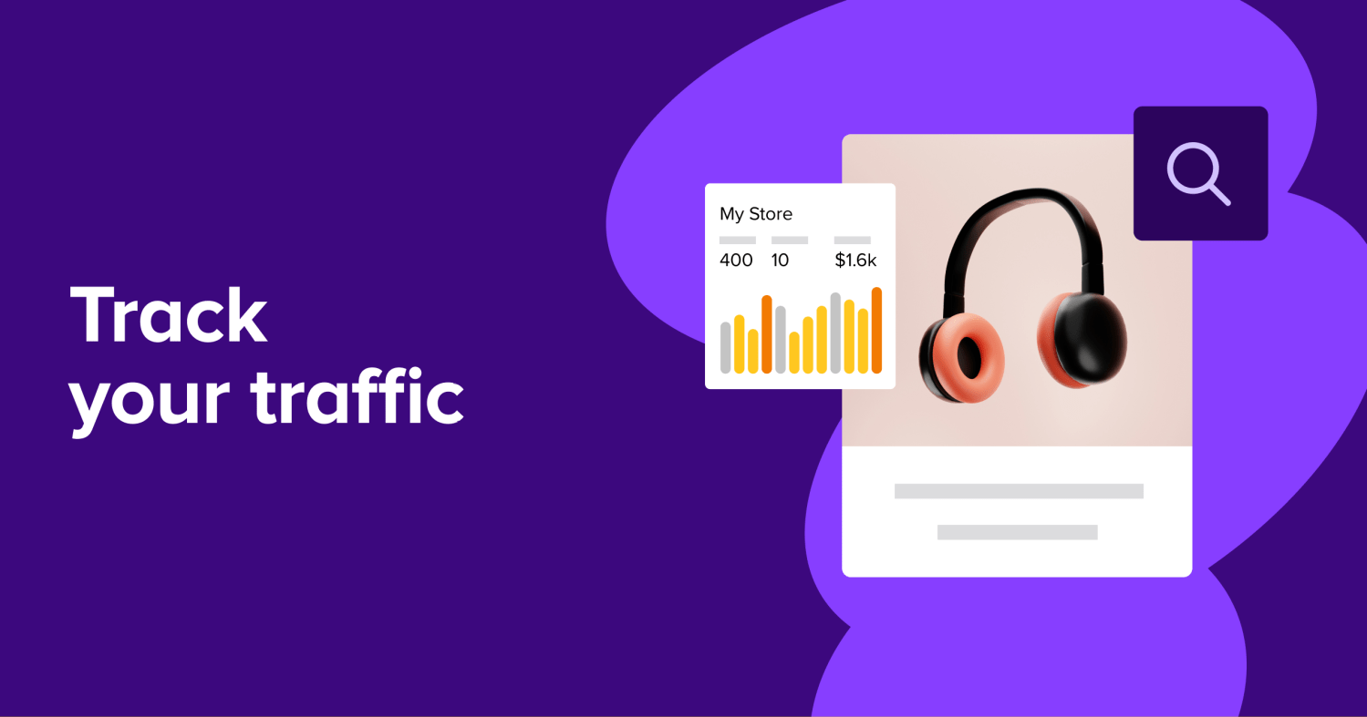 WooCommerce tracking callout with title, headphones product tile, as well as a search icon and generic graph.