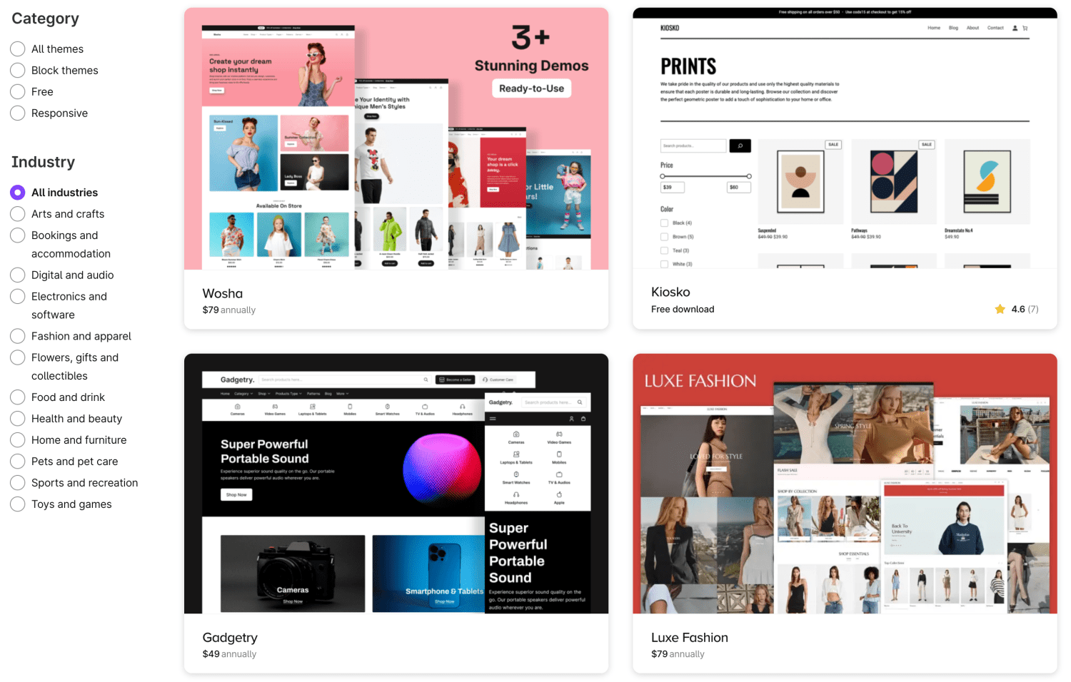 List of woocommerce themes displayed as large tiles.