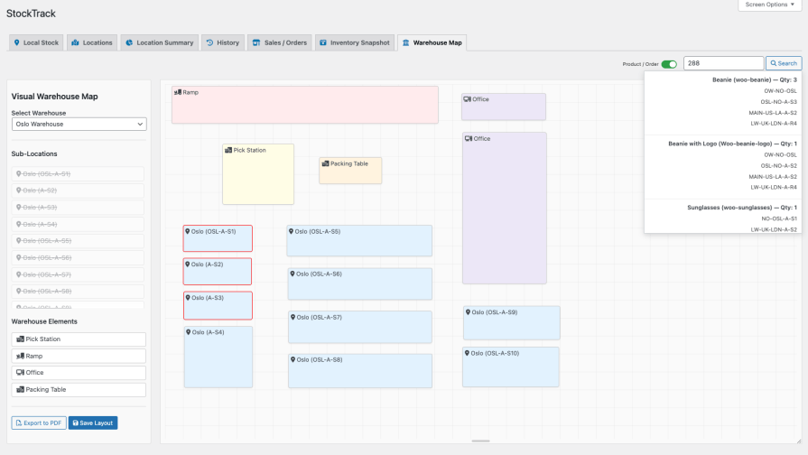 StockTrack - warehouse map - showing order